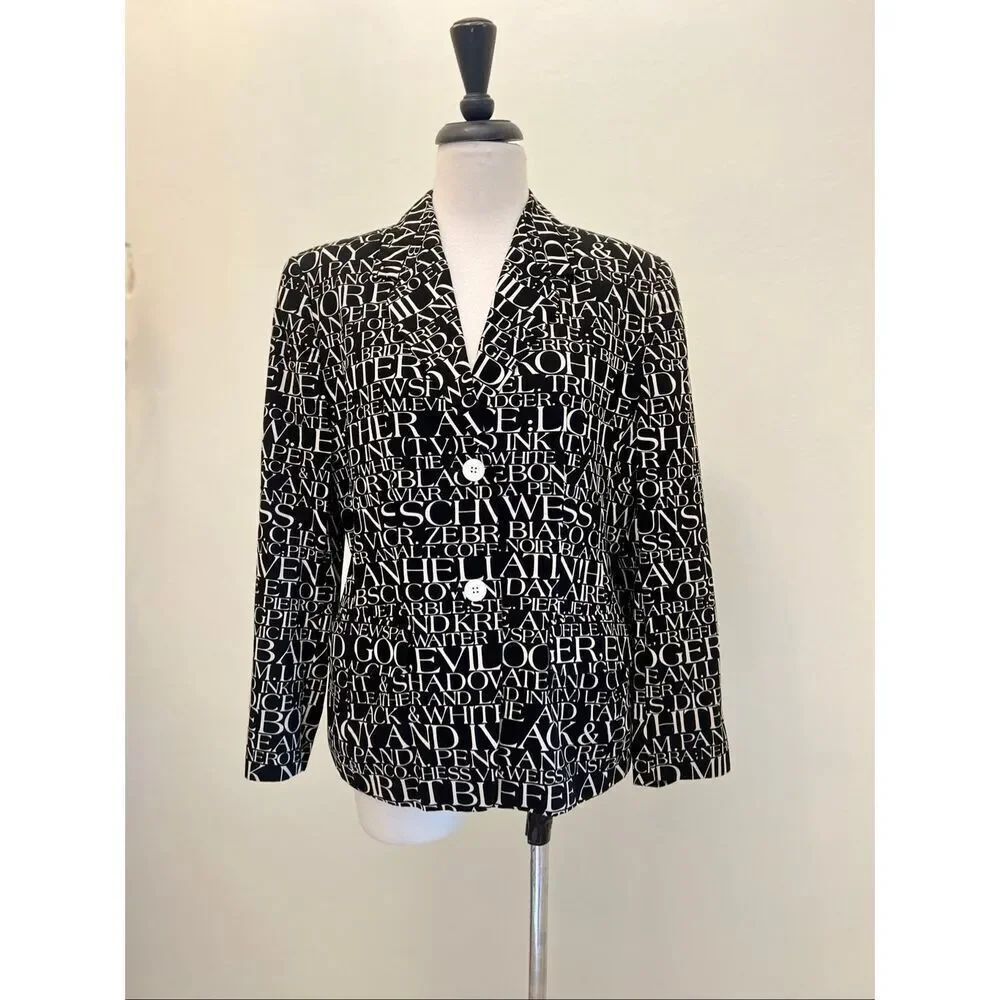 Laurel Women's Newspaper Text Print Two Button Blazer Jacket Black White Size 42